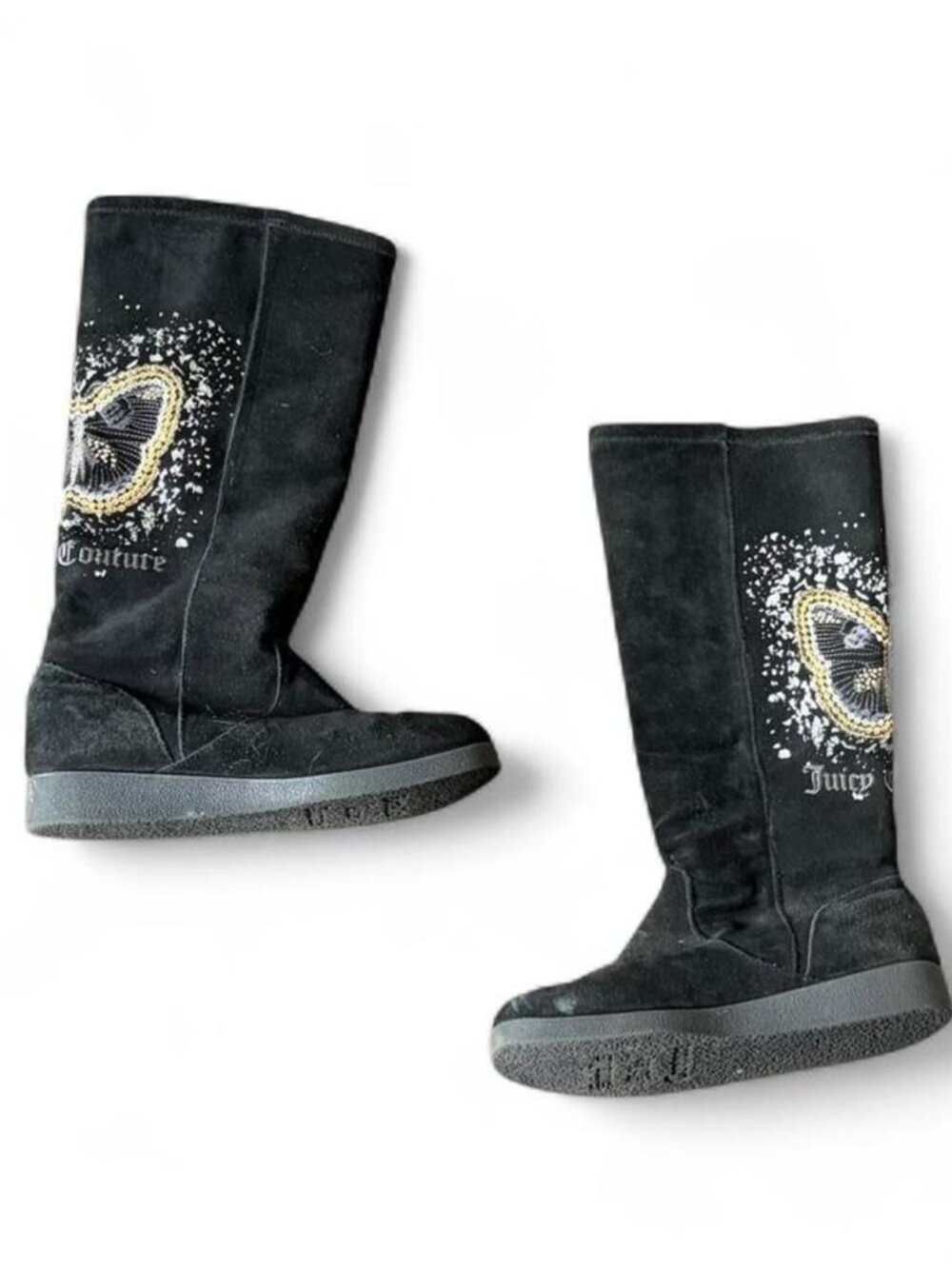 Juicy Couture black suede boots with gold & white butterfly graphic size 7